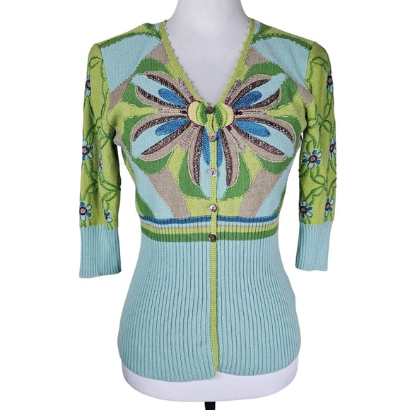 Michael Simon Embroidered Floral Cardigan Sweater S Spun Silk Boho Art to Wear